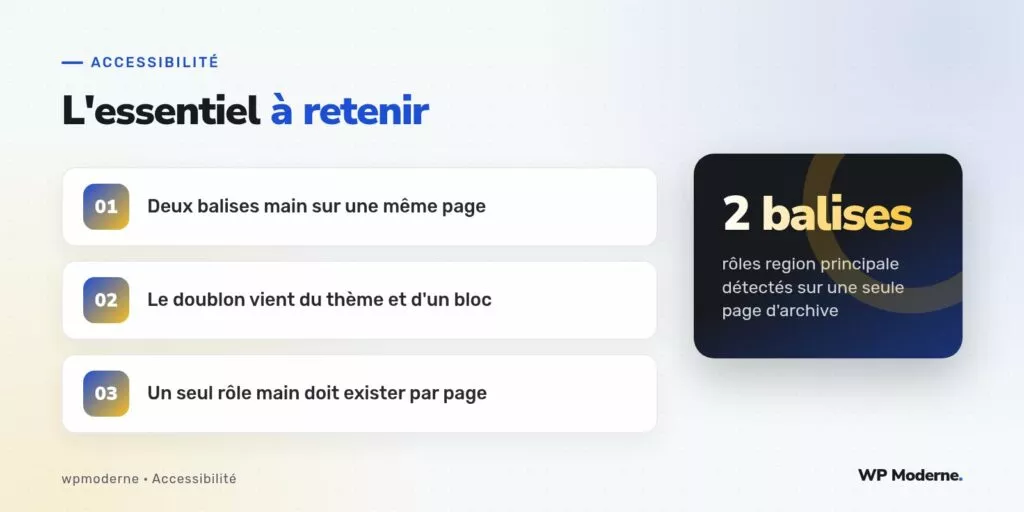 L'essentiel à retenir : Deux balises main sur une même page ; Le doublon vient du thème et d'un bloc ; Un seul rôle main doit exister par page