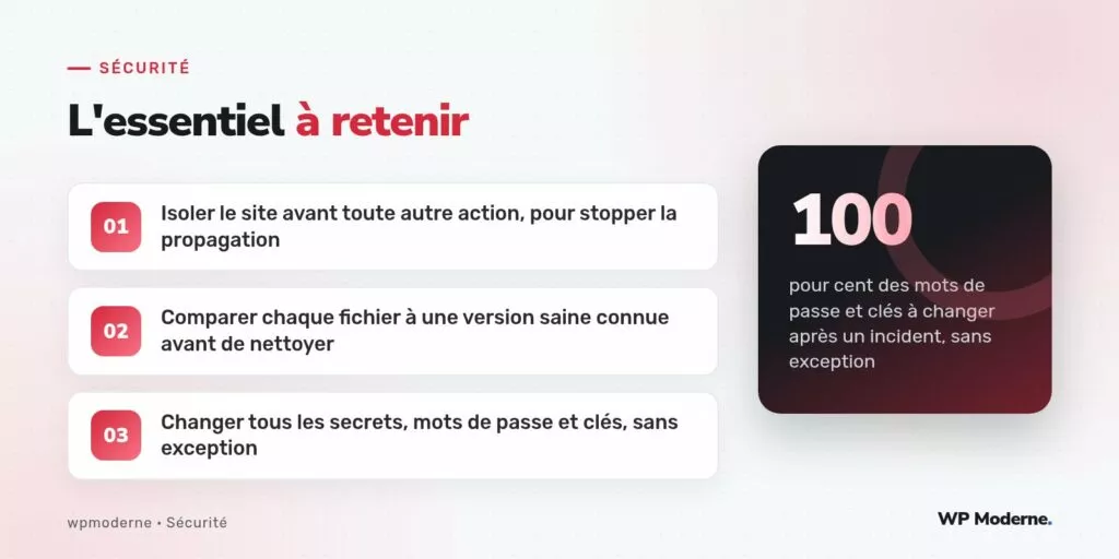 L'essentiel à retenir : Isoler le site avant toute autre action, pour stopper la propagation ; Comparer chaque fichier à une version saine connue avant de nettoyer ; Changer tous les secrets, mots de passe et clés, sans exception