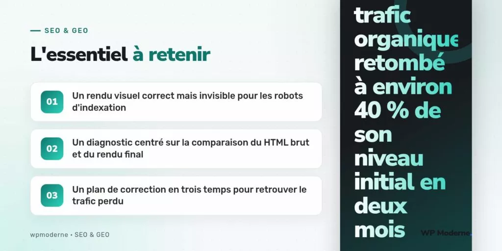 L'essentiel à retenir : Un rendu visuel correct mais invisible pour les robots d'indexation ; Un diagnostic centré sur la comparaison du HTML brut et du rendu final ; Un plan de correction en trois temps pour retrouver le trafic perdu