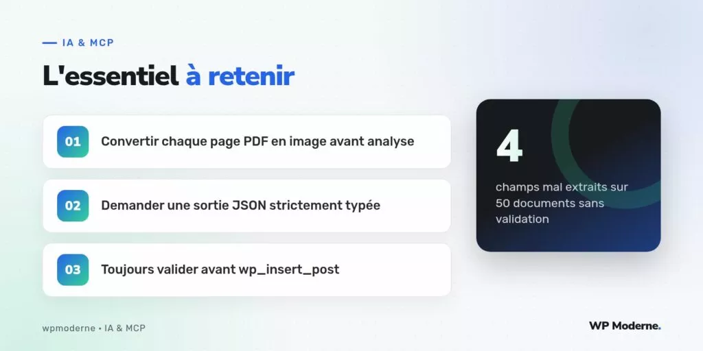 L'essentiel à retenir : Convertir chaque page PDF en image avant analyse ; Demander une sortie JSON strictement typée ; Toujours valider avant wp_insert_post