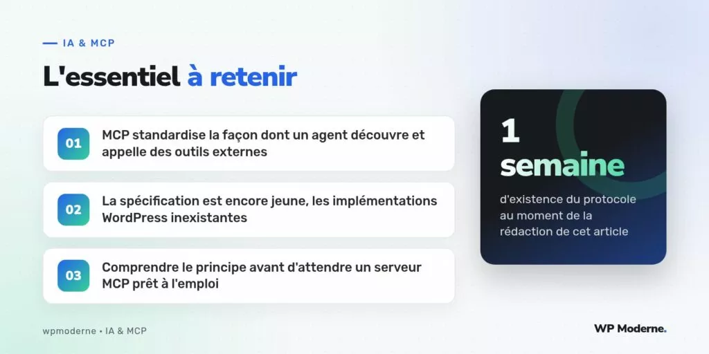 L'essentiel à retenir : MCP standardise la façon dont un agent découvre et appelle des outils externes ; La spécification est encore jeune, les implémentations WordPress inexistantes ; Comprendre le principe avant d'attendre un serveur MCP prêt à l'emploi