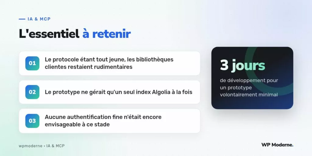L'essentiel à retenir : Le protocole étant tout jeune, les bibliothèques clientes restaient rudimentaires ; Le prototype ne gérait qu'un seul index Algolia à la fois ; Aucune authentification fine n'était encore envisageable à ce stade