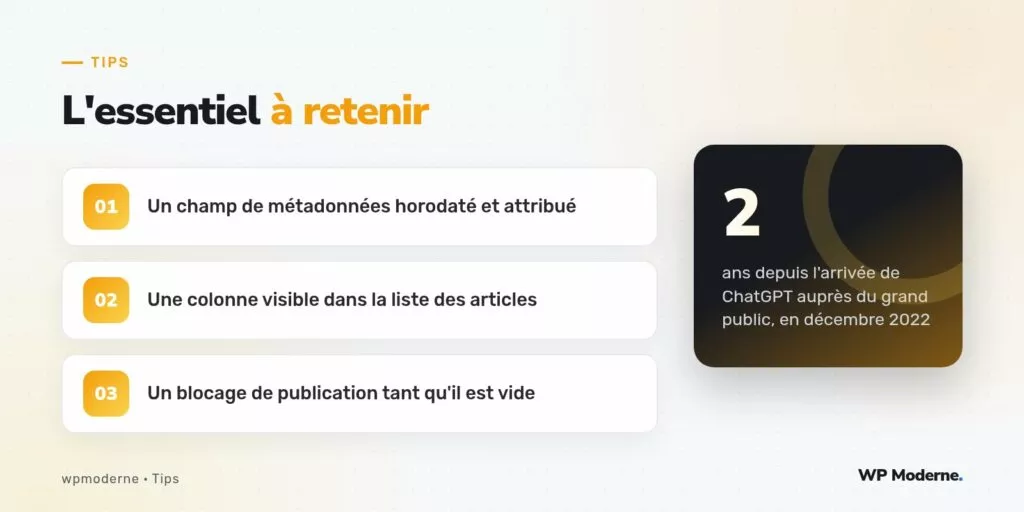 L'essentiel à retenir : Un champ de métadonnées horodaté et attribué ; Une colonne visible dans la liste des articles ; Un blocage de publication tant qu'il est vide
