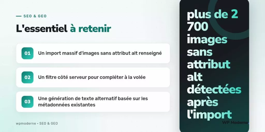 L'essentiel à retenir : Un import massif d'images sans attribut alt renseigné ; Un filtre côté serveur pour compléter à la volée ; Une génération de texte alternatif basée sur les métadonnées existantes