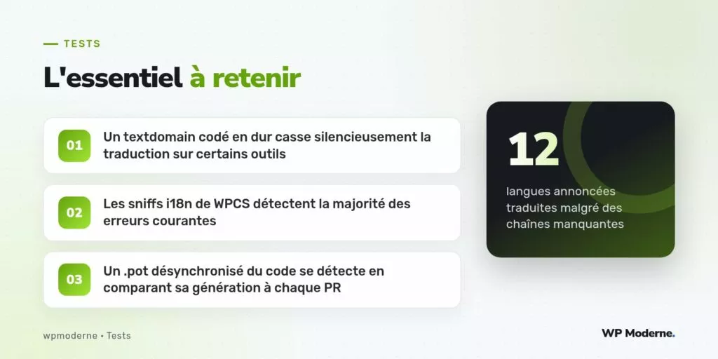 L'essentiel à retenir : Un textdomain codé en dur casse silencieusement la traduction sur certains outils ; Les sniffs i18n de WPCS détectent la majorité des erreurs courantes ; Un .pot désynchronisé du code se détecte en comparant sa génération à chaque PR