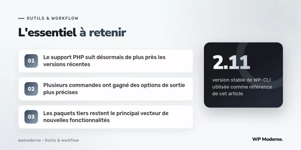 L'essentiel à retenir : Le support PHP suit désormais de plus près les versions récentes ; Plusieurs commandes ont gagné des options de sortie plus précises ; Les paquets tiers restent le principal vecteur de nouvelles fonctionnalités