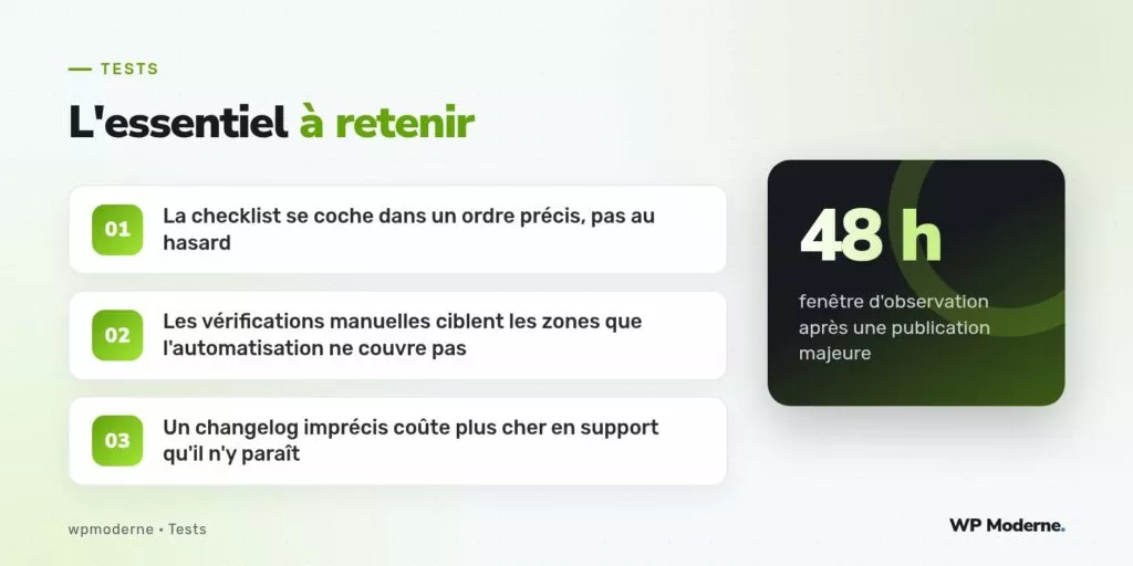 L'essentiel à retenir : La checklist se coche dans un ordre précis, pas au hasard ; Les vérifications manuelles ciblent les zones que l'automatisation ne couvre pas ; Un changelog imprécis coûte plus cher en support qu'il n'y paraît