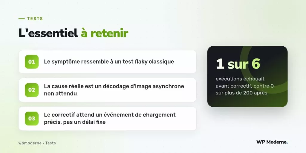L'essentiel à retenir : Le symptôme ressemble à un test flaky classique ; La cause réelle est un décodage d'image asynchrone non attendu ; Le correctif attend un événement de chargement précis, pas un délai fixe