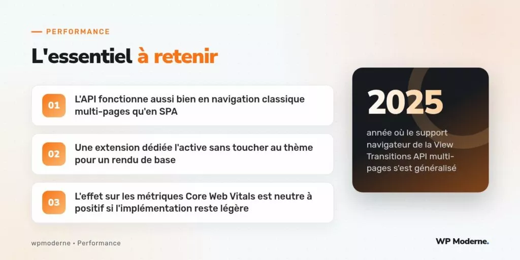 L'essentiel à retenir : L'API fonctionne aussi bien en navigation classique multi-pages qu'en SPA ; Une extension dédiée l'active sans toucher au thème pour un rendu de base ; L'effet sur les métriques Core Web Vitals est neutre à positif si l'implémentation reste légère