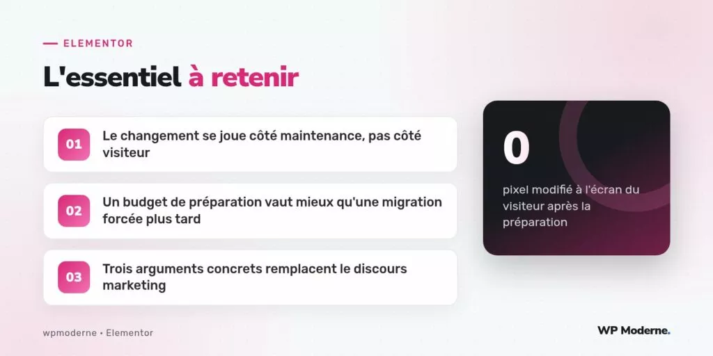 L'essentiel à retenir : Le changement se joue côté maintenance, pas côté visiteur ; Un budget de préparation vaut mieux qu'une migration forcée plus tard ; Trois arguments concrets remplacent le discours marketing