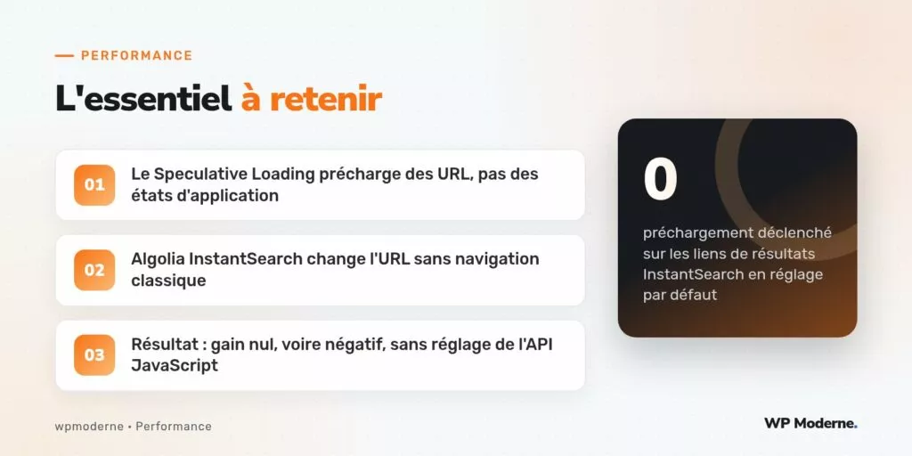 L'essentiel à retenir : Le Speculative Loading précharge des URL, pas des états d'application ; Algolia InstantSearch change l'URL sans navigation classique ; Résultat : gain nul, voire négatif, sans réglage de l'API JavaScript