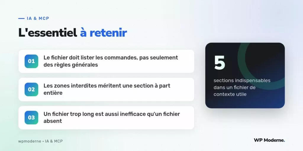 L'essentiel à retenir : Le fichier doit lister les commandes, pas seulement des règles générales ; Les zones interdites méritent une section à part entière ; Un fichier trop long est aussi inefficace qu'un fichier absent