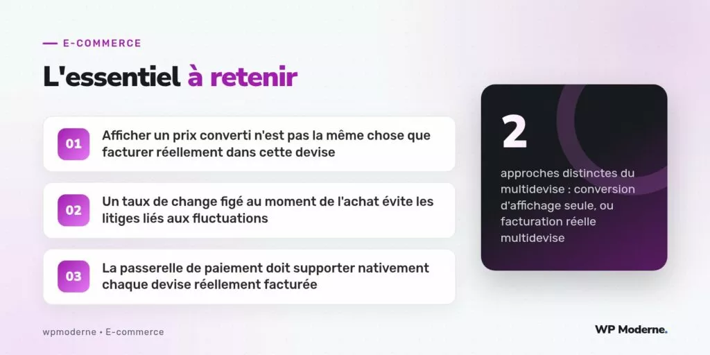 L'essentiel à retenir : Afficher un prix converti n'est pas la même chose que facturer réellement dans cette devise ; Un taux de change figé au moment de l'achat évite les litiges liés aux fluctuations ; La passerelle de paiement doit supporter nativement chaque devise réellement facturée