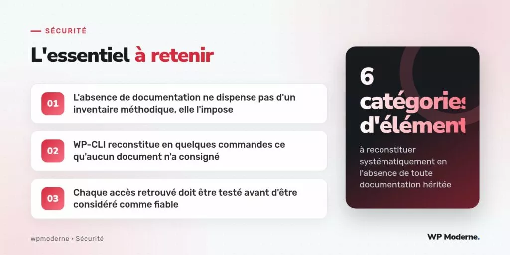 L'essentiel à retenir : L'absence de documentation ne dispense pas d'un inventaire méthodique, elle l'impose ; WP-CLI reconstitue en quelques commandes ce qu'aucun document n'a consigné ; Chaque accès retrouvé doit être testé avant d'être considéré comme fiable