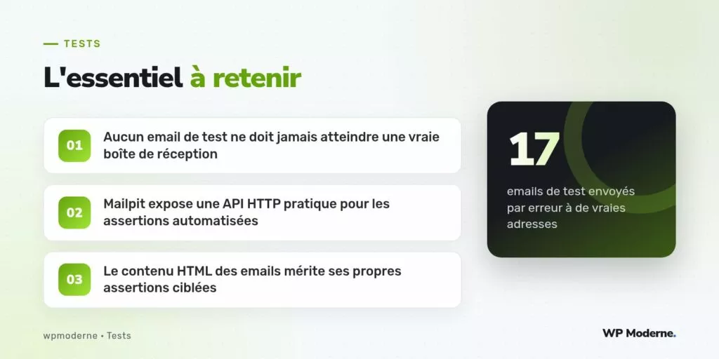 L'essentiel à retenir : Aucun email de test ne doit jamais atteindre une vraie boîte de réception ; Mailpit expose une API HTTP pratique pour les assertions automatisées ; Le contenu HTML des emails mérite ses propres assertions ciblées