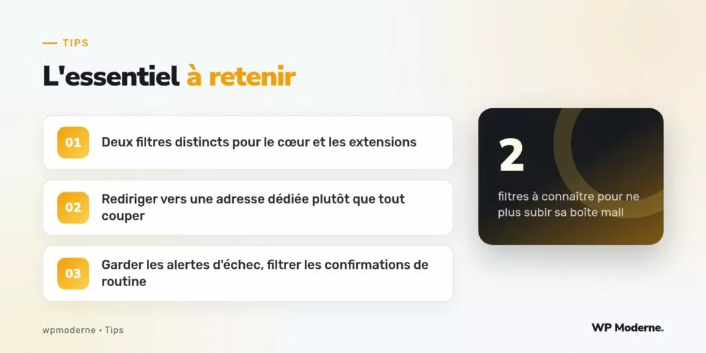 L'essentiel à retenir : Deux filtres distincts pour le cœur et les extensions ; Rediriger vers une adresse dédiée plutôt que tout couper ; Garder les alertes d'échec, filtrer les confirmations de routine