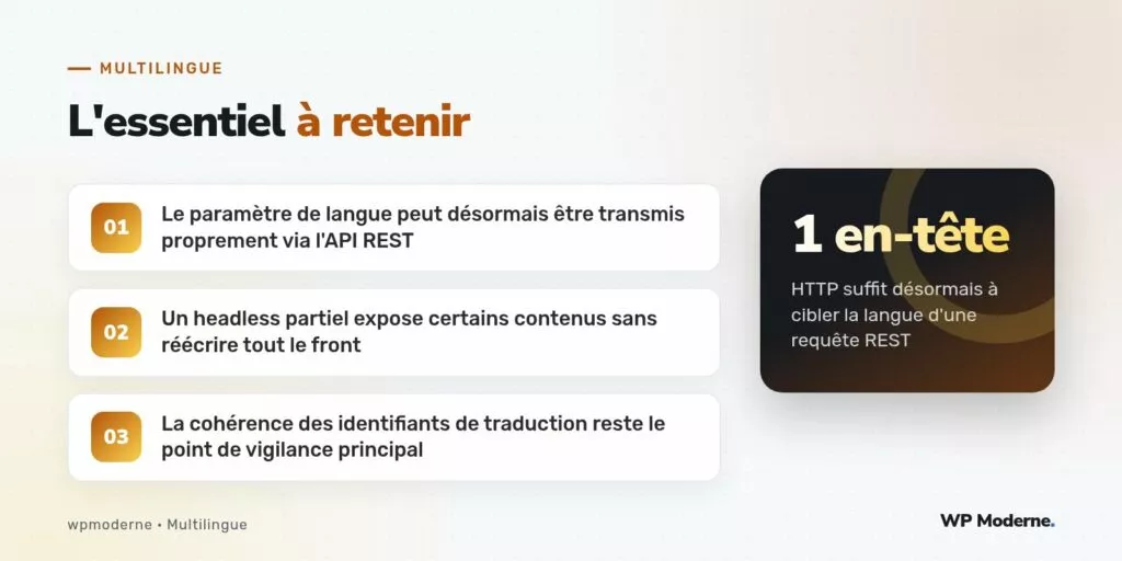 L'essentiel à retenir : Le paramètre de langue peut désormais être transmis proprement via l'API REST ; Un headless partiel expose certains contenus sans réécrire tout le front ; La cohérence des identifiants de traduction reste le point de vigilance principal
