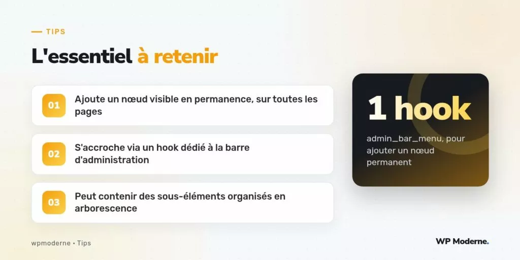 L'essentiel à retenir : Ajoute un nœud visible en permanence, sur toutes les pages ; S'accroche via un hook dédié à la barre d'administration ; Peut contenir des sous-éléments organisés en arborescence