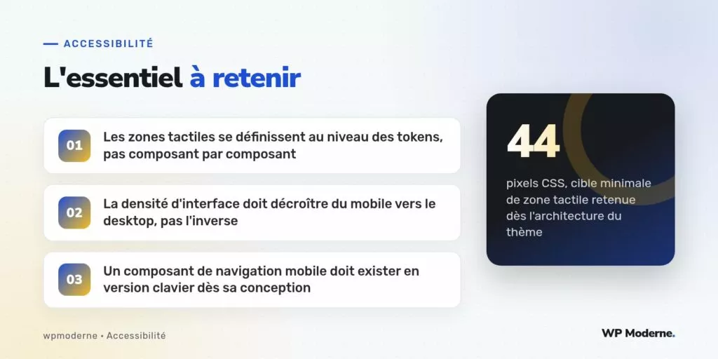 L'essentiel à retenir : Les zones tactiles se définissent au niveau des tokens, pas composant par composant ; La densité d'interface doit décroître du mobile vers le desktop, pas l'inverse ; Un composant de navigation mobile doit exister en version clavier dès sa conception