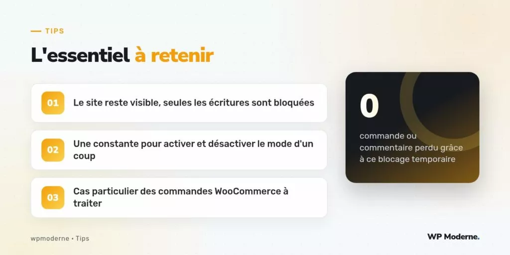 L'essentiel à retenir : Le site reste visible, seules les écritures sont bloquées ; Une constante pour activer et désactiver le mode d'un coup ; Cas particulier des commandes WooCommerce à traiter