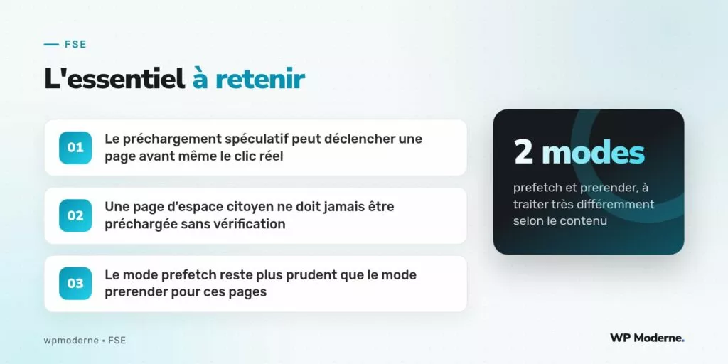 L'essentiel à retenir : Le préchargement spéculatif peut déclencher une page avant même le clic réel ; Une page d'espace citoyen ne doit jamais être préchargée sans vérification ; Le mode prefetch reste plus prudent que le mode prerender pour ces pages