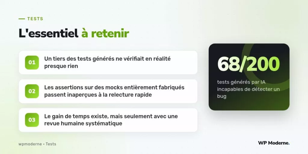 L'essentiel à retenir : Un tiers des tests générés ne vérifiait en réalité presque rien ; Les assertions sur des mocks entièrement fabriqués passent inaperçues à la relecture rapide ; Le gain de temps existe, mais seulement avec une revue humaine systématique