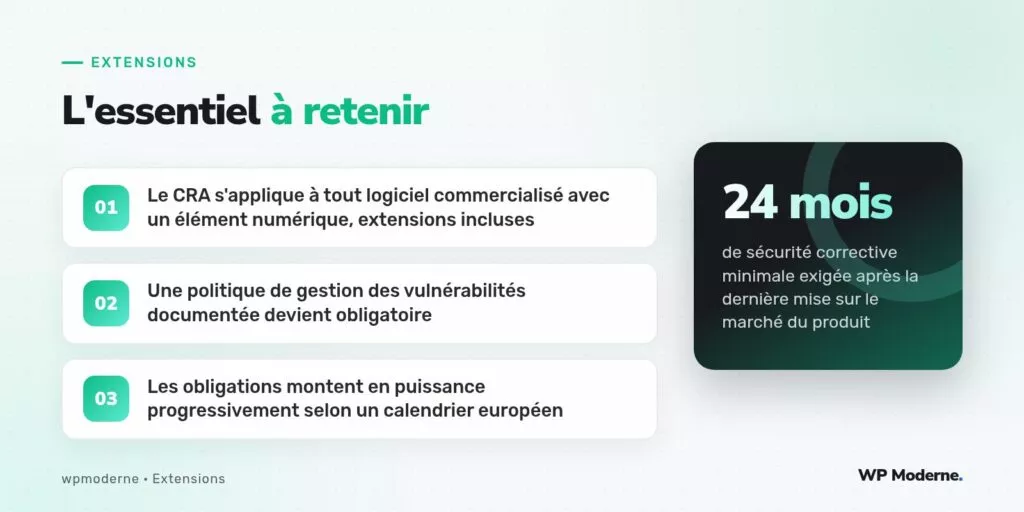 L'essentiel à retenir : Le CRA s'applique à tout logiciel commercialisé avec un élément numérique, extensions incluses ; Une politique de gestion des vulnérabilités documentée devient obligatoire ; Les obligations montent en puissance progressivement selon un calendrier européen