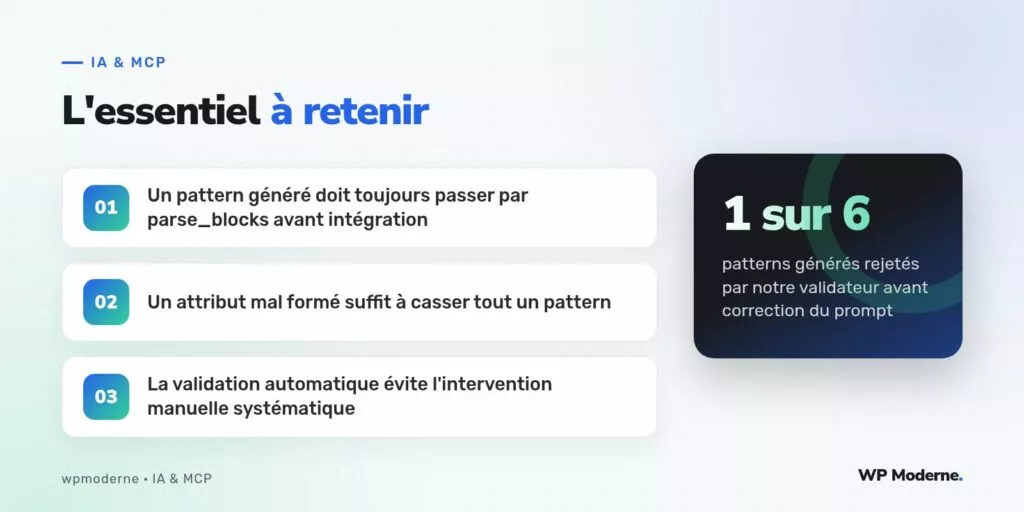 L'essentiel à retenir : Un pattern généré doit toujours passer par parse_blocks avant intégration ; Un attribut mal formé suffit à casser tout un pattern ; La validation automatique évite l'intervention manuelle systématique