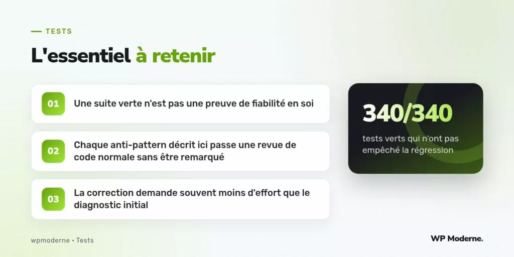 L'essentiel à retenir : Une suite verte n'est pas une preuve de fiabilité en soi ; Chaque anti-pattern décrit ici passe une revue de code normale sans être remarqué ; La correction demande souvent moins d'effort que le diagnostic initial