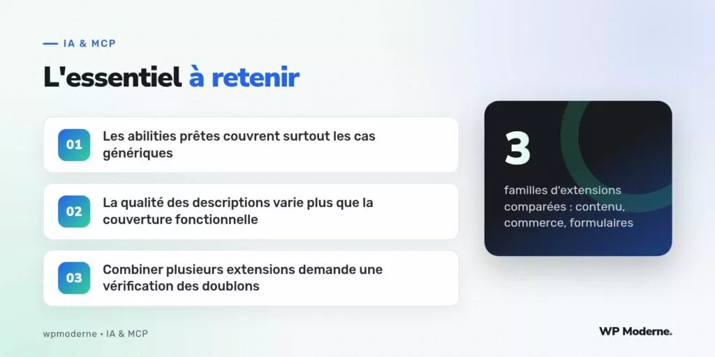 L'essentiel à retenir : Les abilities prêtes couvrent surtout les cas génériques ; La qualité des descriptions varie plus que la couverture fonctionnelle ; Combiner plusieurs extensions demande une vérification des doublons