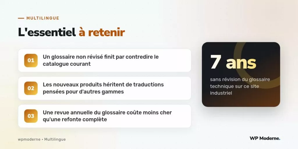 L'essentiel à retenir : Un glossaire non révisé finit par contredire le catalogue courant ; Les nouveaux produits héritent de traductions pensées pour d'autres gammes ; Une revue annuelle du glossaire coûte moins cher qu'une refonte complète