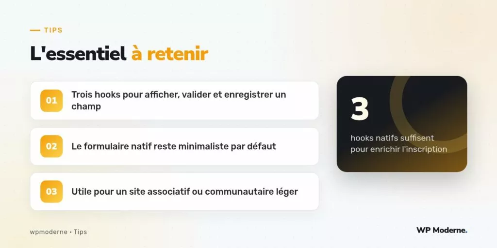 L'essentiel à retenir : Trois hooks pour afficher, valider et enregistrer un champ ; Le formulaire natif reste minimaliste par défaut ; Utile pour un site associatif ou communautaire léger