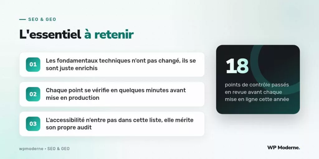 L'essentiel à retenir : Les fondamentaux techniques n'ont pas changé, ils se sont juste enrichis ; Chaque point se vérifie en quelques minutes avant mise en production ; L'accessibilité n'entre pas dans cette liste, elle mérite son propre audit