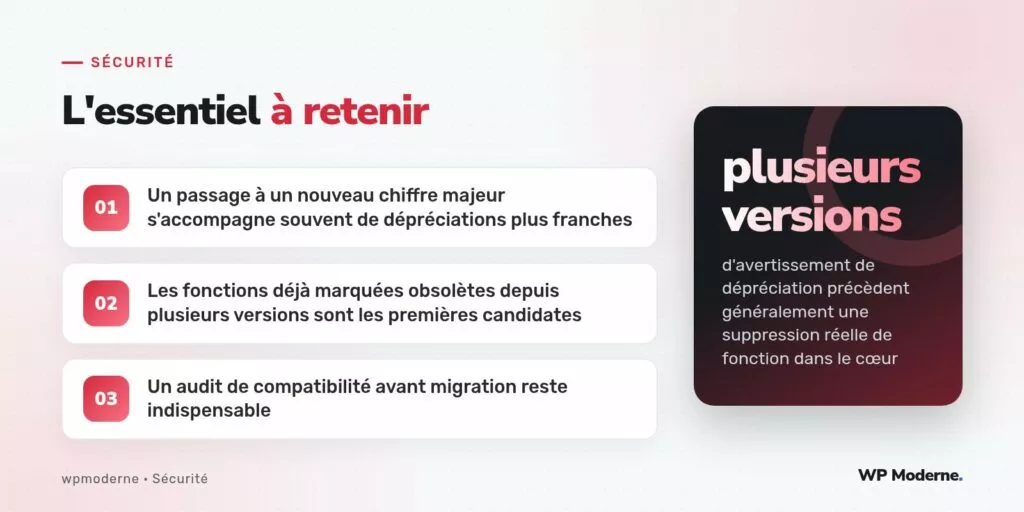 L'essentiel à retenir : Un passage à un nouveau chiffre majeur s'accompagne souvent de dépréciations plus franches ; Les fonctions déjà marquées obsolètes depuis plusieurs versions sont les premières candidates ; Un audit de compatibilité avant migration reste indispensable