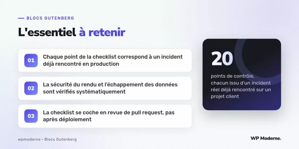 L'essentiel à retenir : Chaque point de la checklist correspond à un incident déjà rencontré en production ; La sécurité du rendu et l'échappement des données sont vérifiés systématiquement ; La checklist se coche en revue de pull request, pas après déploiement