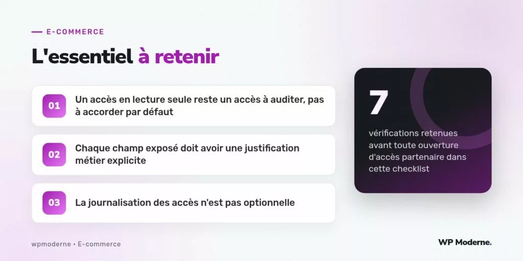 L'essentiel à retenir : Un accès en lecture seule reste un accès à auditer, pas à accorder par défaut ; Chaque champ exposé doit avoir une justification métier explicite ; La journalisation des accès n'est pas optionnelle