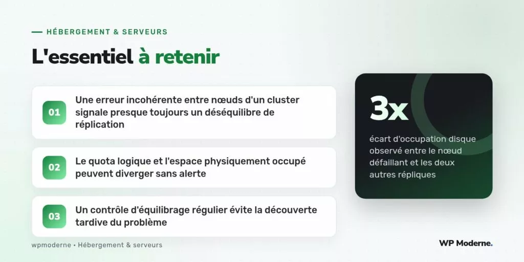 L'essentiel à retenir : Une erreur incohérente entre nœuds d'un cluster signale presque toujours un déséquilibre de réplication ; Le quota logique et l'espace physiquement occupé peuvent diverger sans alerte ; Un contrôle d'équilibrage régulier évite la découverte tardive du problème