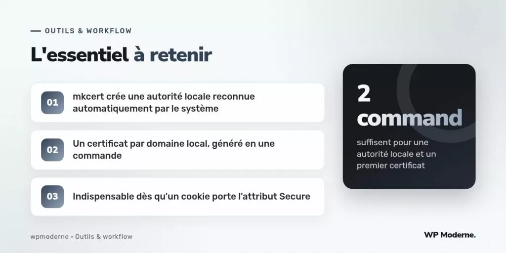 L'essentiel à retenir : mkcert crée une autorité locale reconnue automatiquement par le système ; Un certificat par domaine local, généré en une commande ; Indispensable dès qu'un cookie porte l'attribut Secure