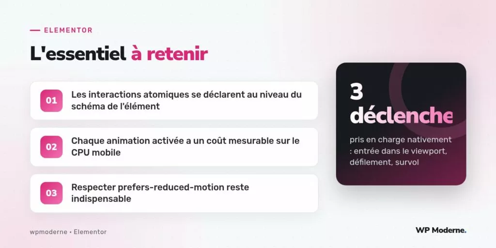 L'essentiel à retenir : Les interactions atomiques se déclarent au niveau du schéma de l'élément ; Chaque animation activée a un coût mesurable sur le CPU mobile ; Respecter prefers-reduced-motion reste indispensable