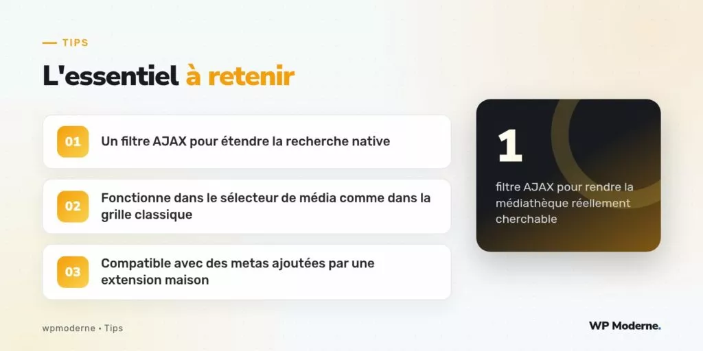 L'essentiel à retenir : Un filtre AJAX pour étendre la recherche native ; Fonctionne dans le sélecteur de média comme dans la grille classique ; Compatible avec des metas ajoutées par une extension maison