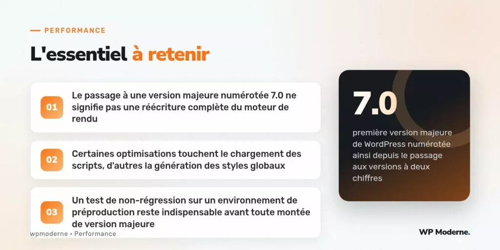L'essentiel à retenir : Le passage à une version majeure numérotée 7.0 ne signifie pas une réécriture complète du moteur de rendu ; Certaines optimisations touchent le chargement des scripts, d'autres la génération des styles globaux ; Un test de non-régression sur un environnement de préproduction reste indispensable avant toute montée de version majeure