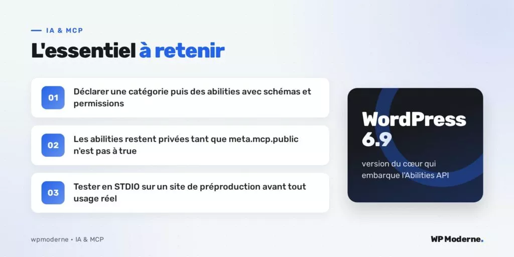 L'essentiel à retenir : Déclarer une catégorie puis des abilities avec schémas et permissions ; Les abilities restent privées tant que meta.mcp.public n'est pas à true ; Tester en STDIO sur un site de préproduction avant tout usage réel