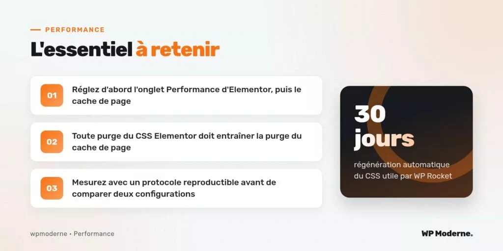 L'essentiel à retenir : Réglez d'abord l'onglet Performance d'Elementor, puis le cache de page ; Toute purge du CSS Elementor doit entraîner la purge du cache de page ; Mesurez avec un protocole reproductible avant de comparer deux configurations