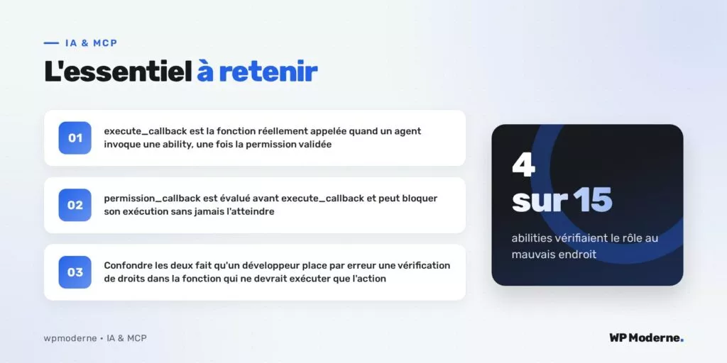 L'essentiel à retenir : execute_callback est la fonction réellement appelée quand un agent invoque une ability, une fois la permission validée ; permission_callback est évalué avant execute_callback et peut bloquer son exécution sans jamais l'atteindre ; Confondre les deux fait qu'un développeur place par erreur une vérification de droits dans la fonction qui ne devrait exécuter que l'action