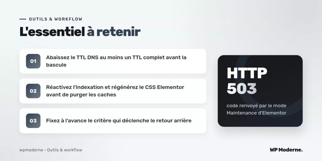 L'essentiel à retenir : Abaissez le TTL DNS au moins un TTL complet avant la bascule ; Réactivez l'indexation et régénérez le CSS Elementor avant de purger les caches ; Fixez à l'avance le critère qui déclenche le retour arrière