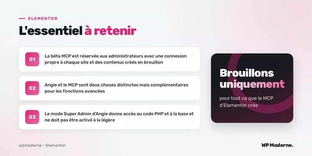L'essentiel à retenir : La bêta MCP est réservée aux administrateurs avec une connexion propre à chaque site et des contenus créés en brouillon ; Angie et le MCP sont deux choses distinctes mais complémentaires pour les fonctions avancées ; Le mode Super Admin d'Angie donne accès au code PHP et à la base et ne doit pas être activé à la légère