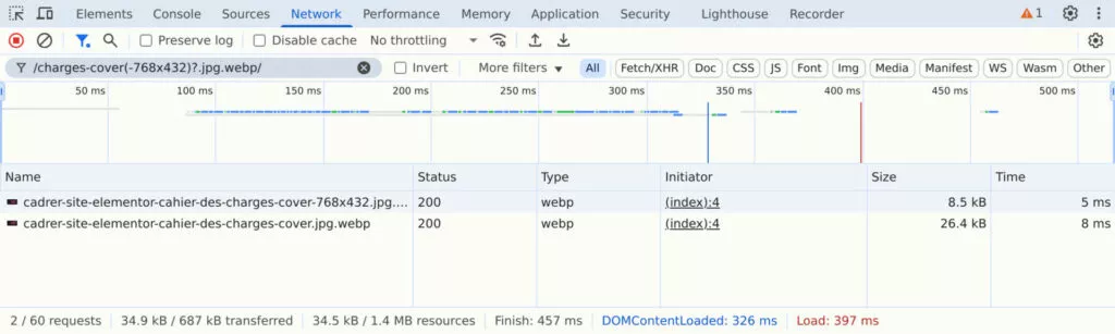 Panneau Réseau de Chrome filtré sur l’image de couverture : deux lignes, la version 768x432 de 8,5 kB et la version pleine taille de 26,4 kB, toutes deux lancées depuis le début du document