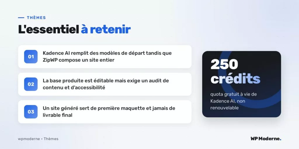L'essentiel à retenir : Kadence AI remplit des modèles de départ tandis que ZipWP compose un site entier ; La base produite est éditable mais exige un audit de contenu et d'accessibilité ; Un site généré sert de première maquette et jamais de livrable final