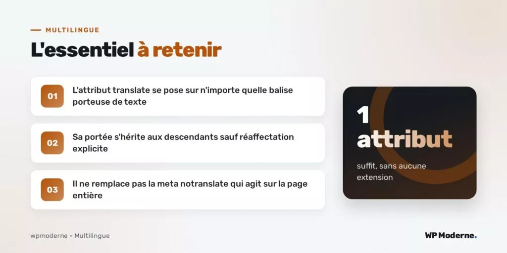 L'essentiel à retenir : L'attribut translate se pose sur n'importe quelle balise porteuse de texte ; Sa portée s'hérite aux descendants sauf réaffectation explicite ; Il ne remplace pas la meta notranslate qui agit sur la page entière